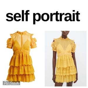 Self Portrait Yellow Embroidered Chiffon Tiered Mini Dress NWT With Small Flaws
